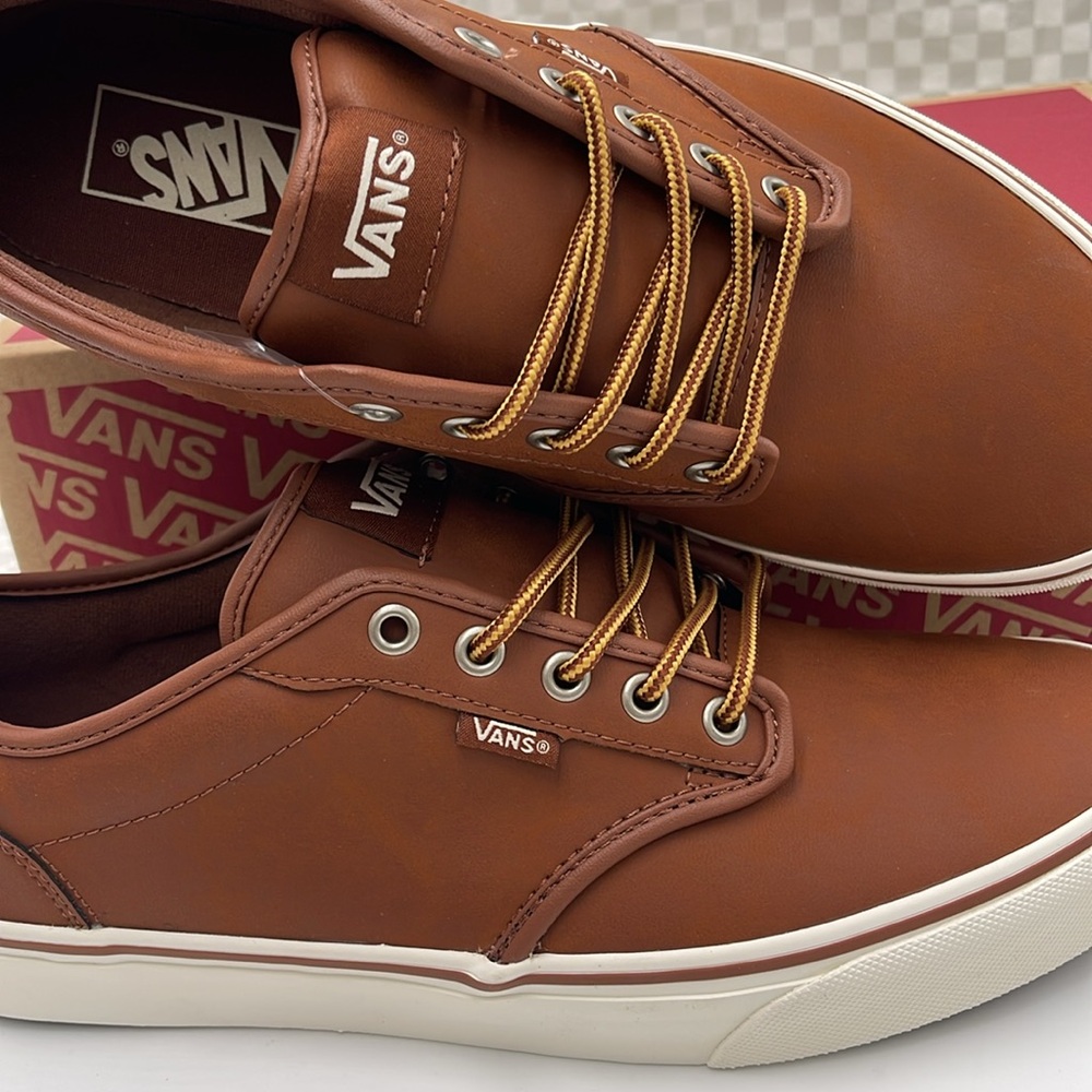 Vans Men’s Brown Leather Sneakers White Accents Atwood (Leather)Brown/Mashmallow - Picture 14 of 16